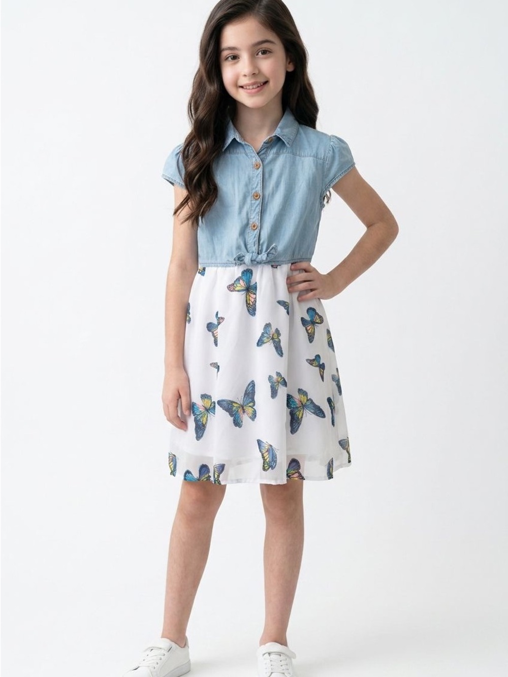 wonder nation Denim-Top Butterfly Print Dress - Blue & White - Picture 2 of 5